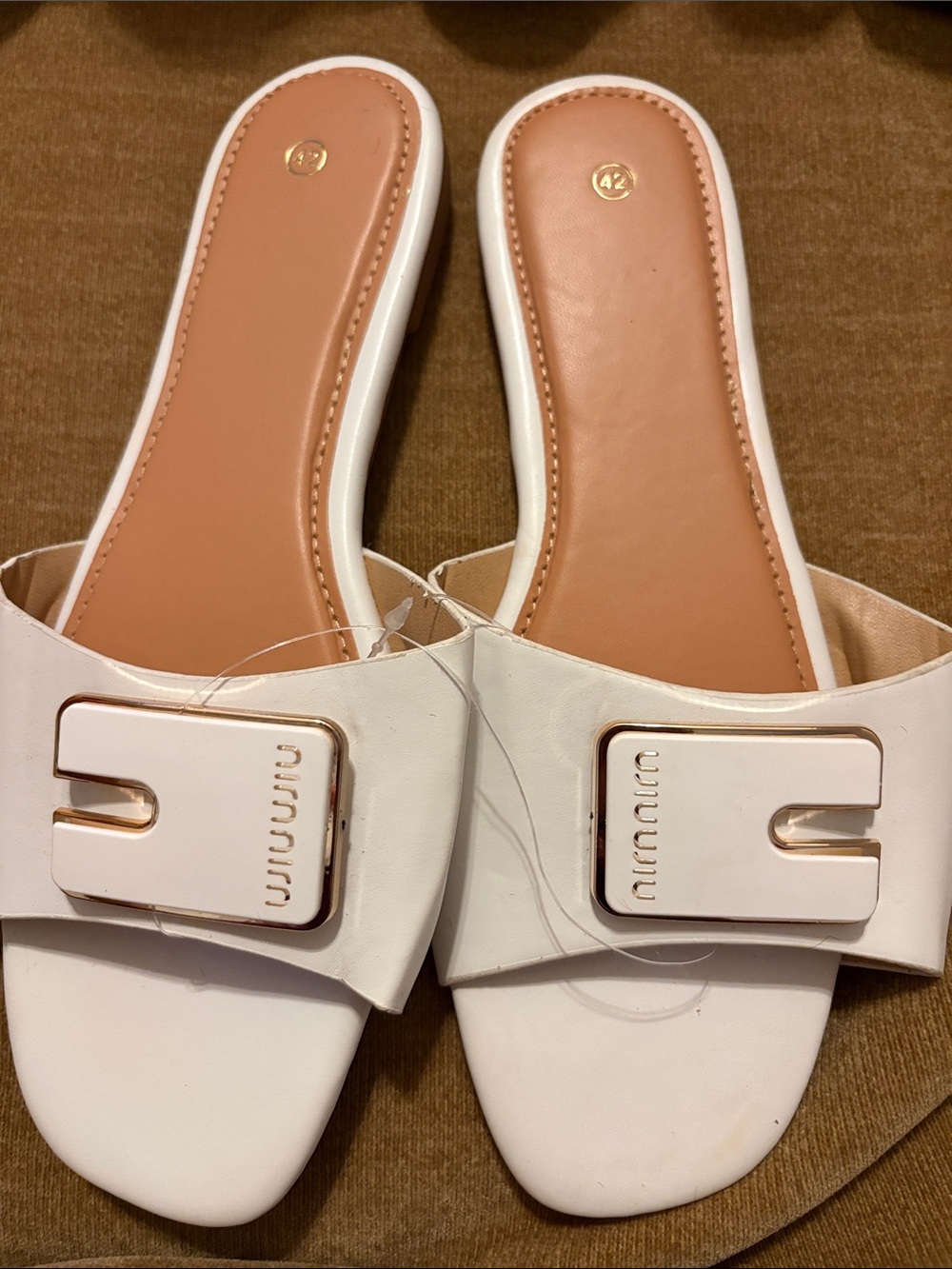 White Slide Sandals with Gold Accent - Women's